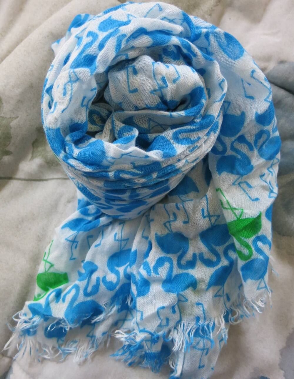 FLAMINGO Scarf Light Weight White 20x71 Beach Summer Fringe Festival Colorful